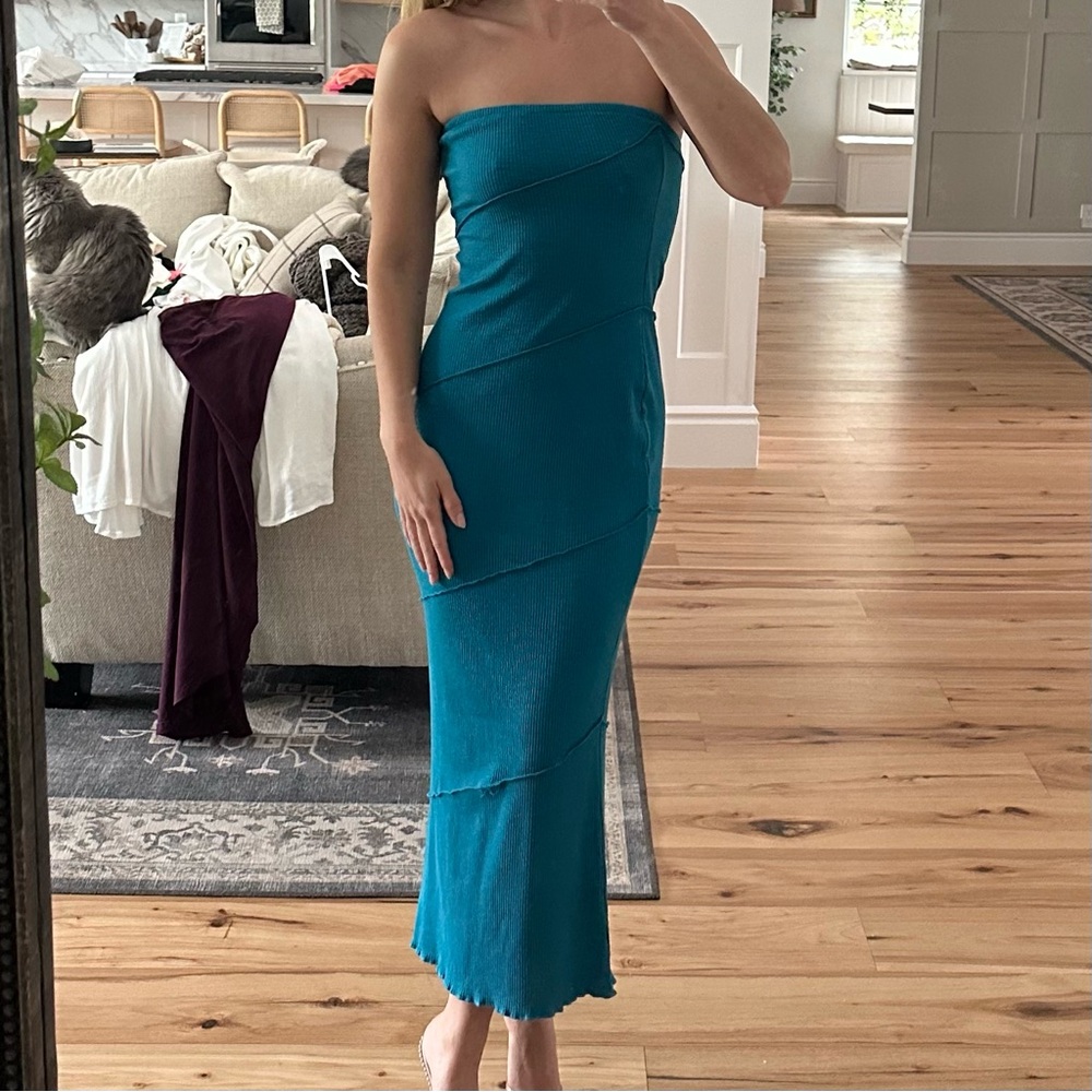 Strapless Teal Midi Dress - Elegant Knit Tube Dress